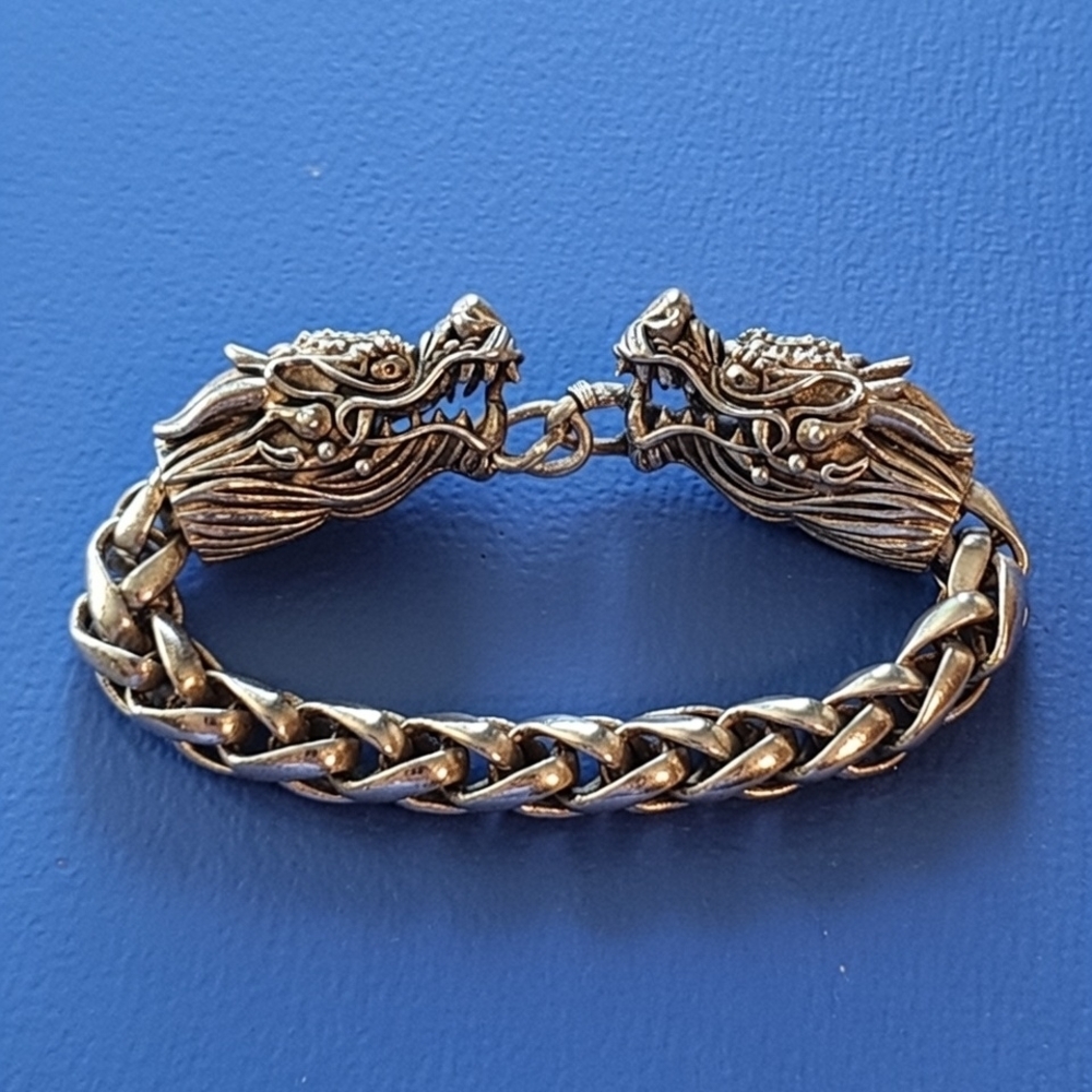 Men's Chinese Nickel Silver Twin Dragon Heads Clasp Bracelet Rock Biker Hip Hop